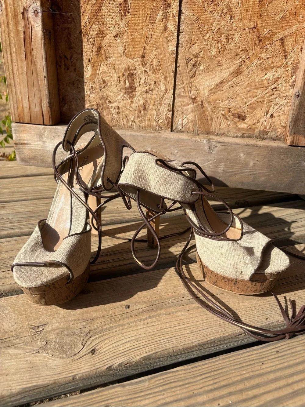 Beige Cork Platform Lace-Up Heels